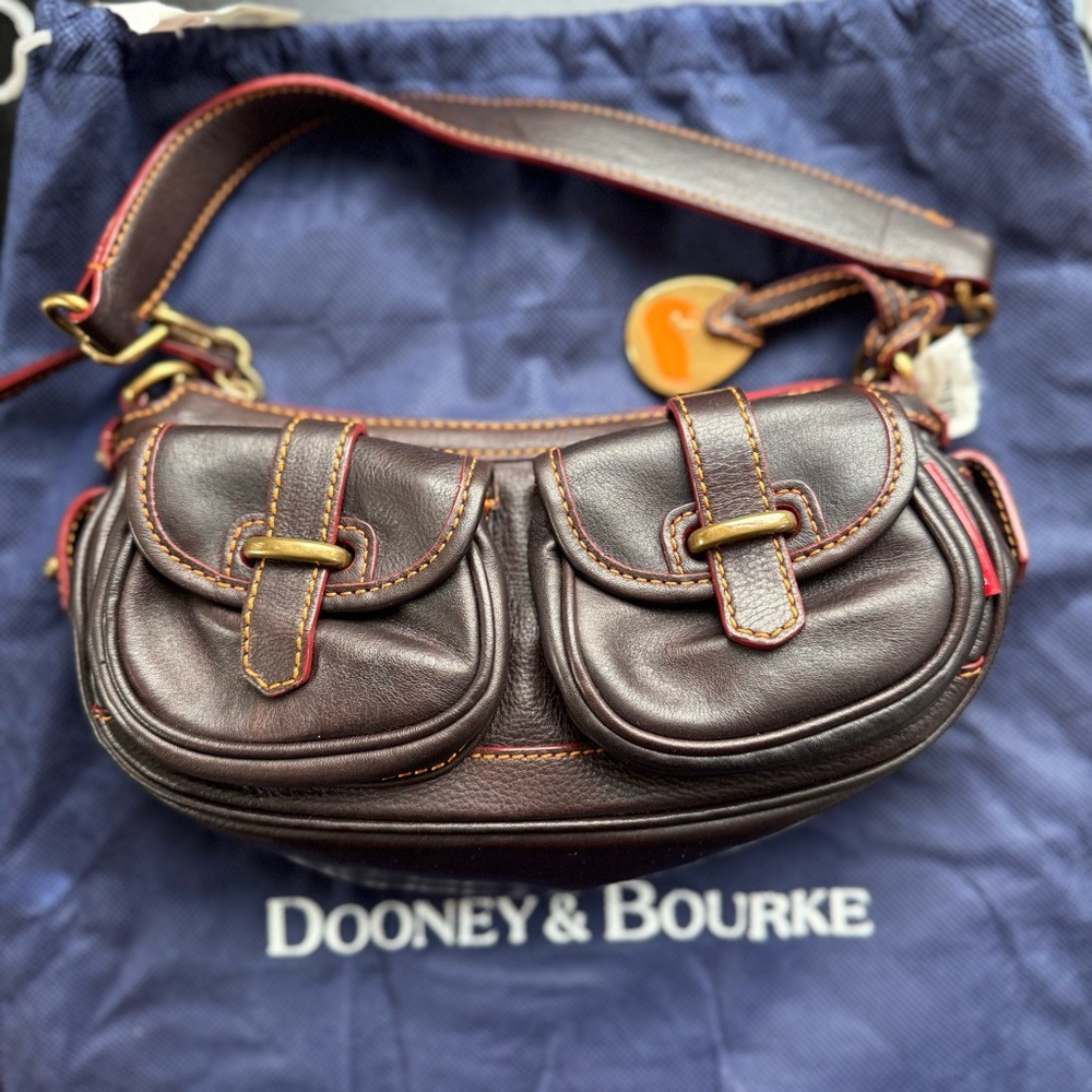 Dooney & Bourke Brown Leather Shoulder Bag with Red Trim